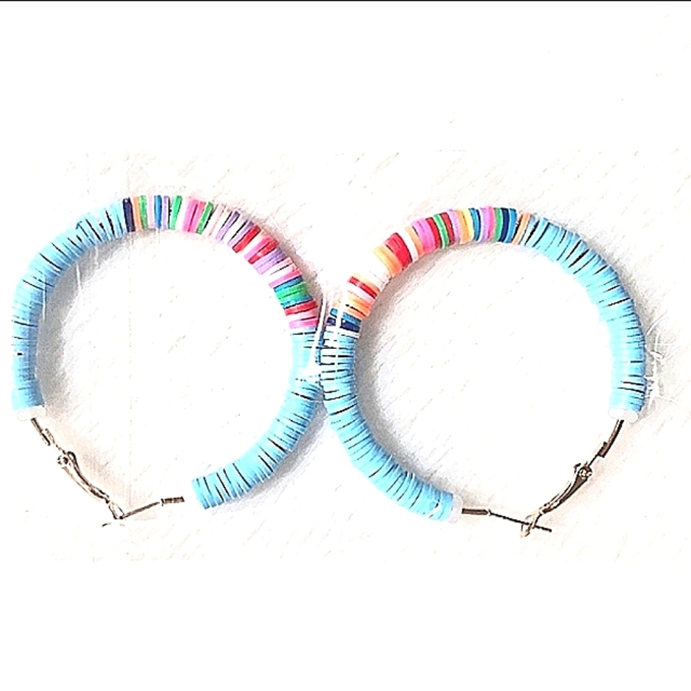 Multicolor Pastel Beaded Hoop Earrings Clay Beads Zinc Alloy Light Blue NEW